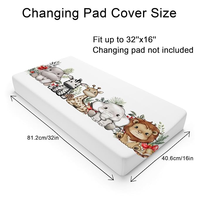 Cute Jungle Safari Animals Christmas Cheery Fir Leaves Changing Pad Covers Lion Elephant Giraffe Zebra Hippo Baby Change Table Pad Cover for Boy Girl Soft Stretchy Changing Mat Sheets 32''x16''