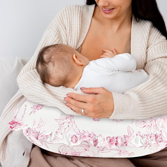 DILIMI Nursing Pillow Cover, Removable Ruffled Pillowcase for Breastfeeding Pillows, Ultra Soft Comfortable Slipcover for Baby Girl and Boy, Pink Floral