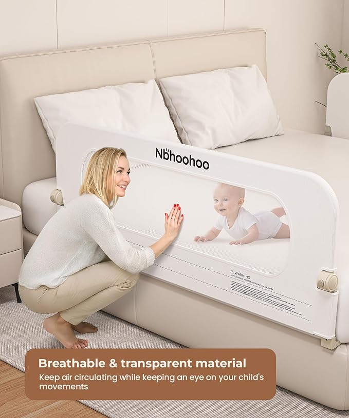 Bed Rail for Toddlers – Foldable Baby Bed Rail, Swing Down Bed Rail Guard with Double Crossbar, Gap-Free Anti-Pinch Design for Queen & King Size Beds, Quick No-Tool Install (Pure White, 59 inch)