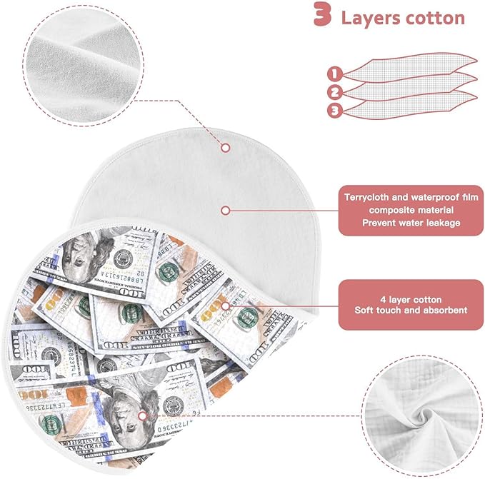 Muslin Burp Cloths for Baby Boys and Girls - 2-Pack Ultra Absorbent Money Hundred Dollar Bill Muslin Washcloths, Newborn Towel, Milk Spit Up Rags, Burp Cloth Bibs for Unisex, 22 x 11 Inch