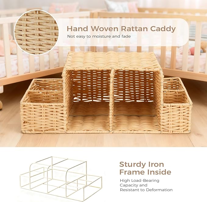 Diaper Caddy Organizer, Hand Rattan Nursery Storage Basket for Baby Essentials, Baby Changing Table Organizer Perfect Nursery Assistant (Natural Light Woven - Style 2, L)