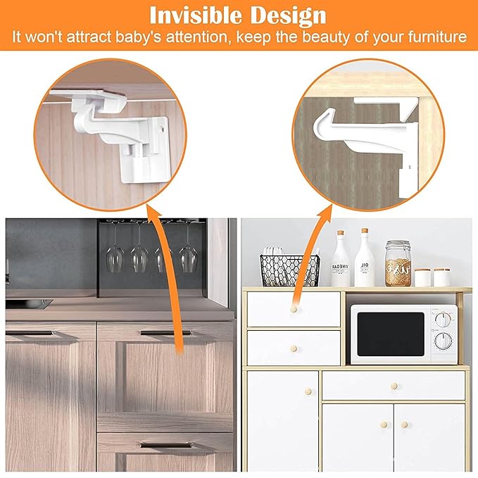 2 Pack Upgraded Invisible Baby Proofing Cabinet Latch Locks - No Drilling or Tools Required, Children Proof Cupboard Drawers Latches, Works with Most Cabinets and Drawers - Adhesive Easy Installation