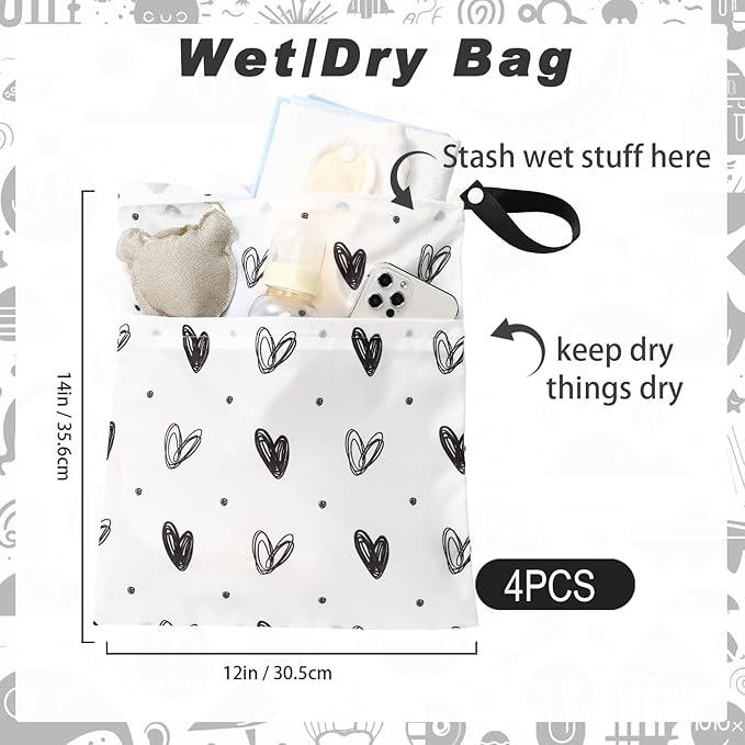 Frienda 4 Pieces Cloth Diaper Wet Dry Bag, Waterproof Reusable Washable Bag for Baby Items and Travel Zippered Pockets with Handle, Beach, Swimsuit, Dirty Gym Clothes and Toiletries(Heart)