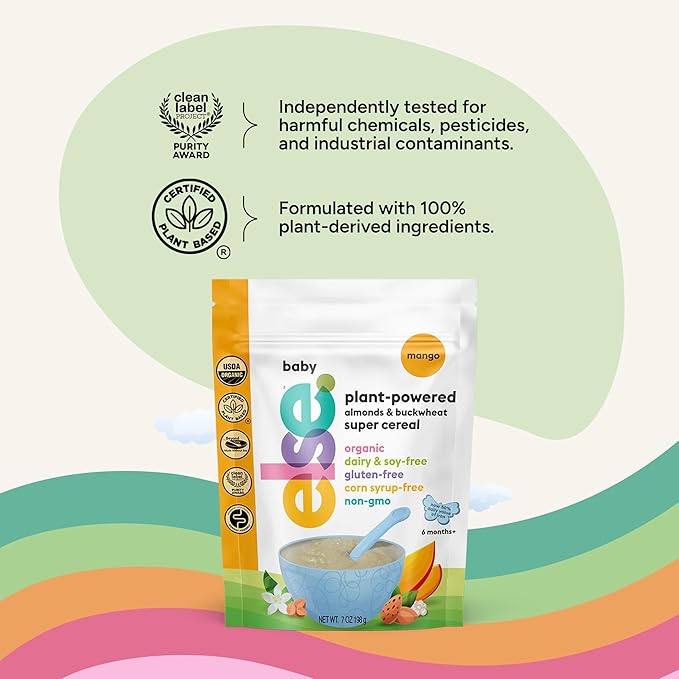 Else Nutrition Super Cereal For Babies 6 mo+, Made With Real Whole Plants for a Nutritionally Balanced meal, with gluten free carbs and plant protein (Mango, 6 Pack)
