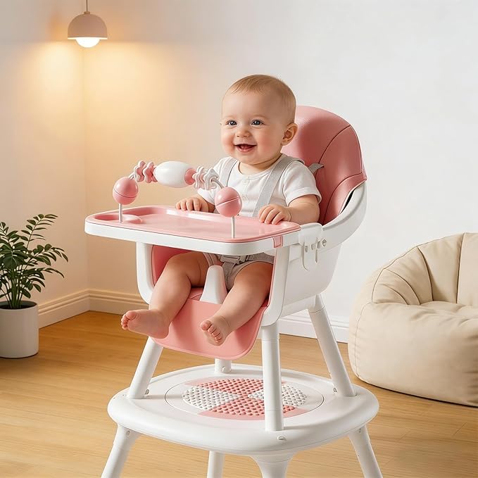 Convertible 4-in-1 Baby High Chair with Block Table, Infant to Toddler Feeding Chair with Play Tray & Built-in Toys, Removable PU Cushion, Easy to Clean Dining & Activity Chair–Pink