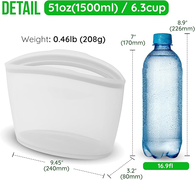 Reusable Silicone Food Storage Bag, 6 Cups, Large Container, Made in Korea BPA-Free Platinum Silicone, Triple-Airtight Freezer Bag, Microwave Safe, Sous Vide, Meal Prep, 51oz, White
