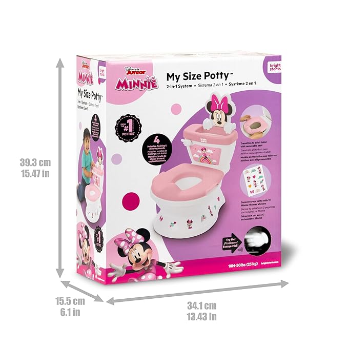 Bright Starts Disney Junior Minnie Mouse My Size Potty Training Toilet, Toddler Potty Chair with Flushing & Cheering Sounds, Removable Seat with Splash Guard & Handles, Ages 18+ Months, Up to 50 lbs