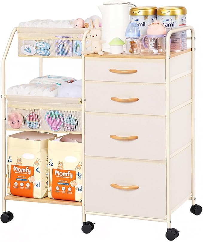 Fabuday Baby Diaper Caddy Organizer Cart - 4 Tier Rolling Diaper Cart with Wheels, Baby Essentials Organizers and Storage, Mobile Utility Carts for Bedside, Bedroom, Crib Nursury, Changing Table