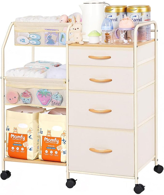 Fabuday Baby Diaper Caddy Organizer Cart - 4 Tier Rolling Diaper Cart with Wheels, Baby Essentials Organizers and Storage, Mobile Utility Carts for Bedside, Bedroom, Crib Nursury, Changing Table