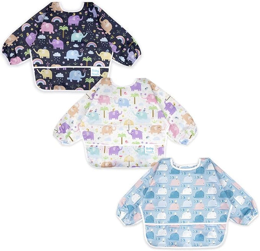 3 Pcs Long Sleeved Bib Set|Baby Waterproof Bibs with Pocket Bundle|Toddler Bib with Sleeves|Stain Resistance Smock 6-24 Month