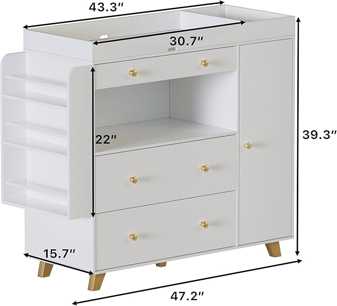 FURNJOYLIFE Nursery Dresser with Baby Changing Table, Modern Diaper Changing Station,Dresser for Nursery with 3 Drawers & Shelves, Storage Crib with Changing Table, White