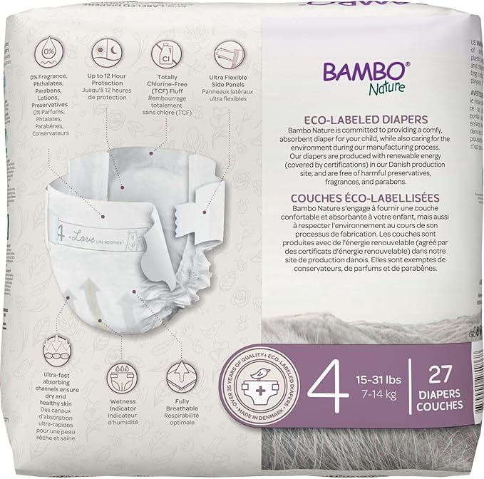 Bambo Nature Premium Eco-Friendly Baby Diapers, Size 4 (15-31 Lbs), 27 Count