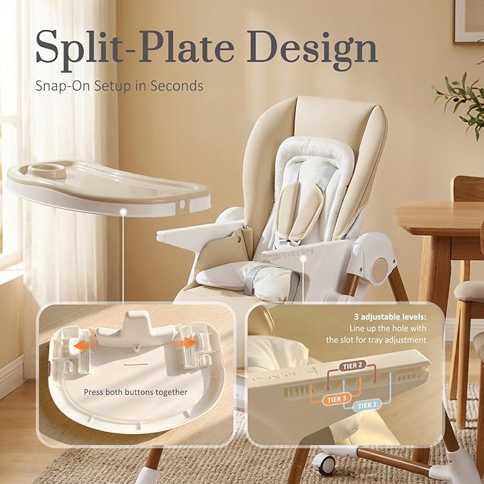Mallify Foldable High Chairs for Babies and Toddlers, 3-in-1 Convertible Baby High Chair with Removable Soft Cushion and Tray, Adjustable Height & Recline, Lockable Wheels, Cream