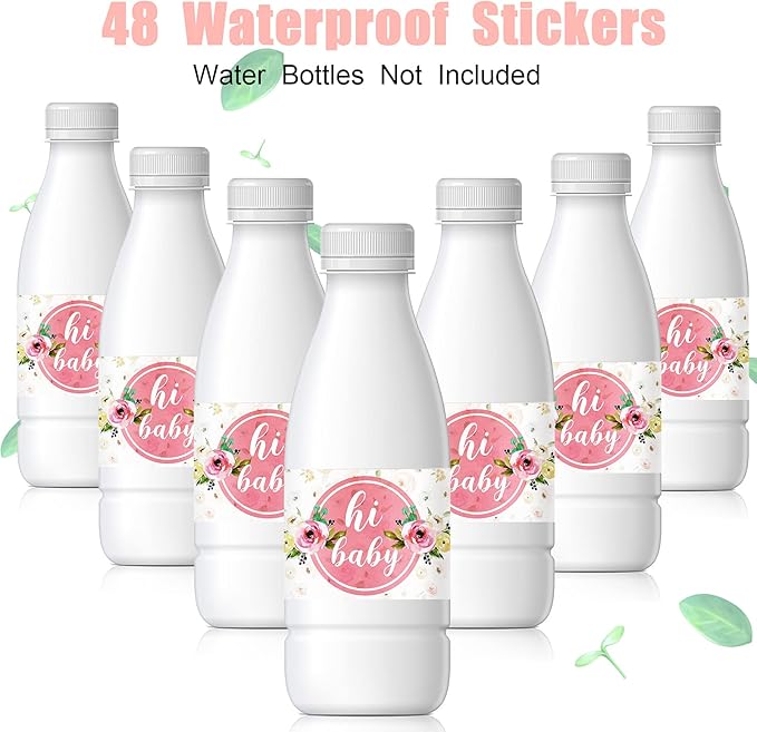 48 Pieces Pink Baby Shower Water Bottle Labels Floral Baby Shower Decorations Waterproof Water Bottle Stickers Wrappers for Pink Floral Themed Baby Shower Favors