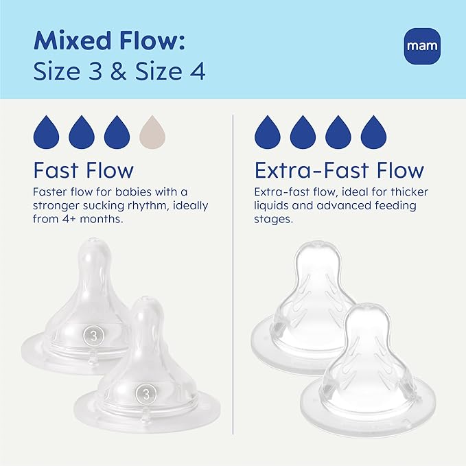 MAM Baby Bottle Nipple Mixed Pack, Fast Flow Size 3 & Extra Fast Flow Size X for Babies 4+ Months, Skin Soft BPA Free Silicone, 94% Nipple Acceptance, Fits All MAM Bottles, 4 Pack, Made in Europe