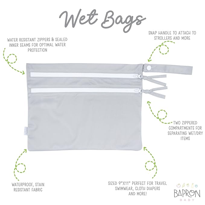 BapronBaby Minimalist Light Grey Wet Dry Bag - Waterproof Two Zipper Pockets - Reusable for Mealtime, Diapers, Stroller, Snacks, Swimsuits - Machine Washable - 11" x 9"