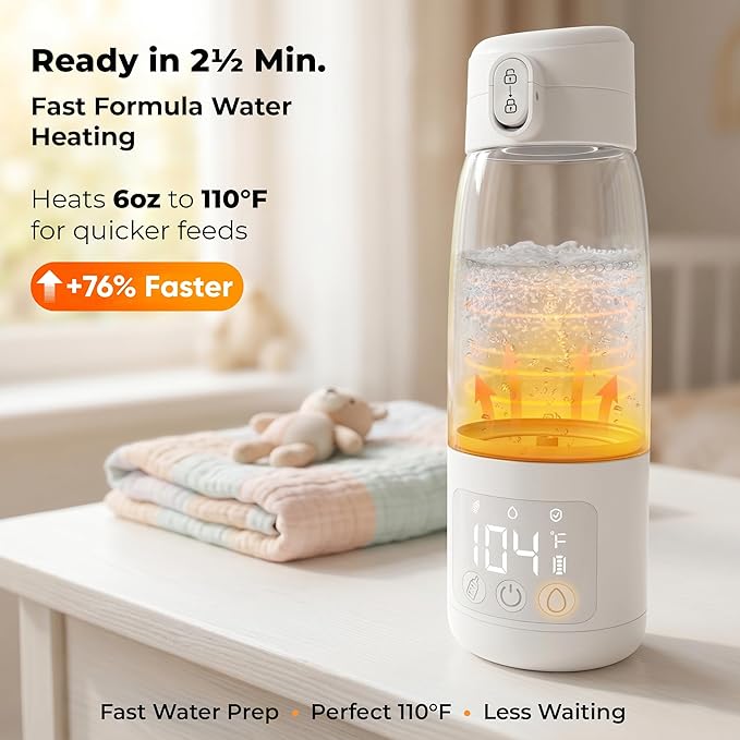 Portable Bottle Warmer for Travel & Night Feeding, Baby Milk Warmer with Built-in Sterilizer, 70 Sec Breast Milk Warming, 2 Min Formula Water Heating, 14,000mAh Battery, 15+ Feeds, 17 oz Capacity