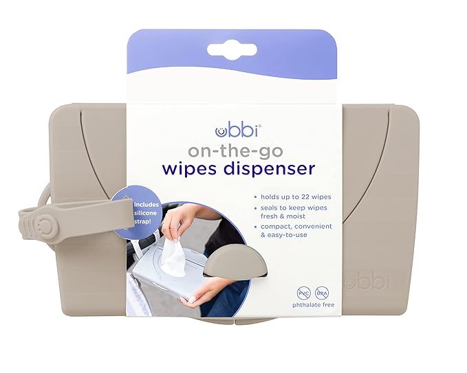 Ubbi On-The-Go Wipes Dispenser and Retractable Bag Dispenser Travel Bundle with 22 Wipes Capacity and 24 Scented Bags