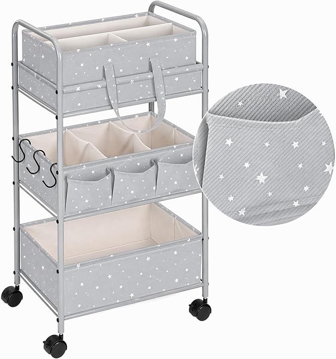 Yookeer 2in1 Baby Diaper Caddy Organizer Cart 3 Tier Large Capacity Metal Utility Bedside Rolling Cart with Divider Newborn Registry Gift Nursery Essential Must Have Bedroom Baby Shower(Gray,Star)