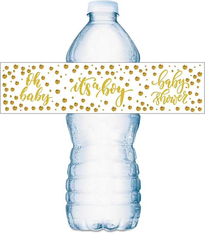 25 Gold It’s a Boy Oh Baby Water Bottle Labels; Baby Shower Set of 25 Waterproof Water Bottle Stickers Wrappers Decorations; Gold and White. Made in USA