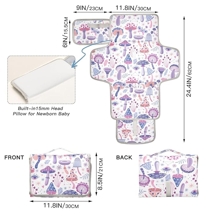 Portable Changing Pad for Baby - Purple Magic Mushrooms Waterproof Diaper Changing Mat Travel Changing Pad with Built-in Pillow - Shower Gift for Baby