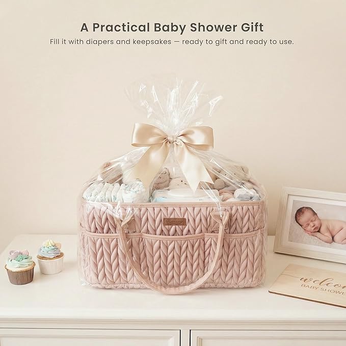 Konssy Braided Quilted Diaper Caddy Organizer, Boho Nursery Storage Basket with PU Leather Handles, Water-Repellent Portable Diaper Basket for Changing Table, Newborn Essentials (Blush)