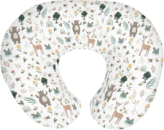 Whimsical Animals Baby Nursing Pillow Covers for Boy Girl Cute Animals Spring Nursing Pillowcase for Breastfeeding Pillows Bear Deer Bunny Rainbow Greenery Soft Stretchy Slipcovers for Newborn
