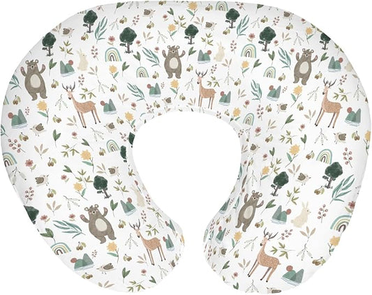 Whimsical Animals Baby Nursing Pillow Covers for Boy Girl Cute Animals Spring Nursing Pillowcase for Breastfeeding Pillows Bear Deer Bunny Rainbow Greenery Soft Stretchy Slipcovers for Newborn