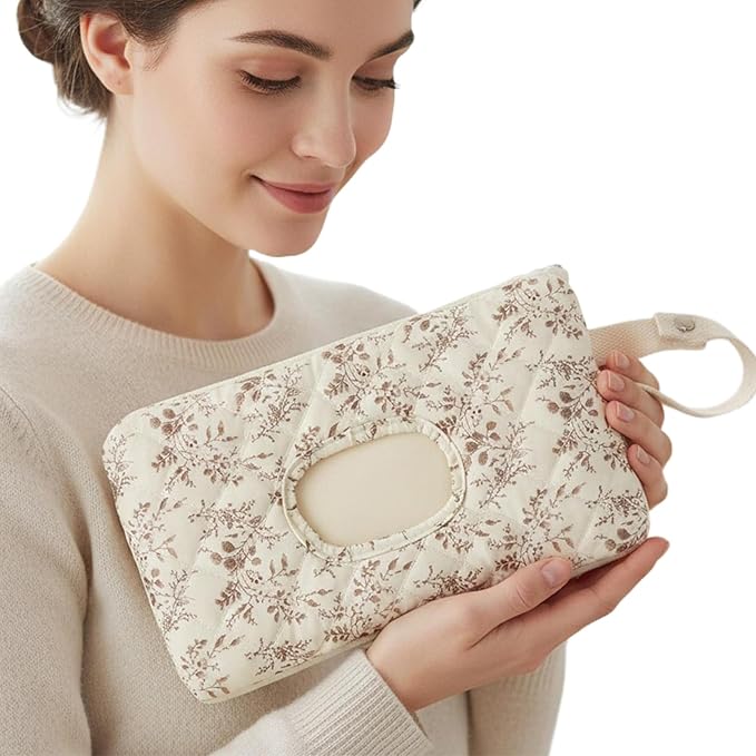 ETOYA Canvas Floral Quilted Wipe Dispenser Portable Wet Wipe Pouch for Mom(Beige) (style1)