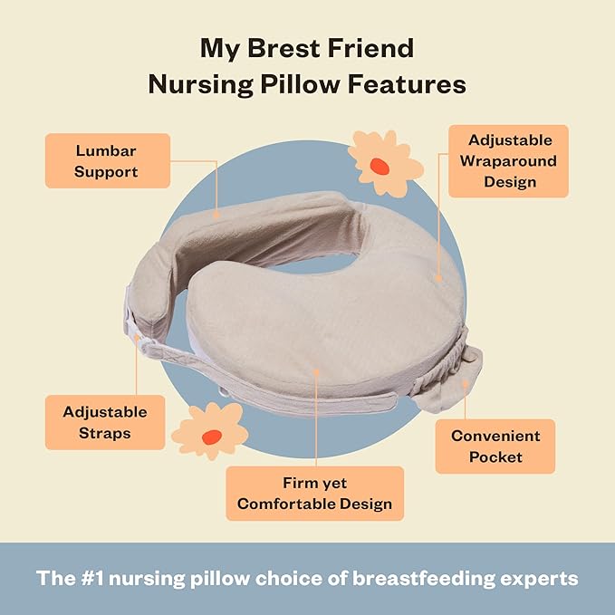 My Brest Friend Nursing Pillow - Deluxe - Enhanced Comfort w/Slipcover - Ergonomic Design for Ultimate Breastfeeding Support for Mom & Baby - Adjustable Backrest and Handy Side Pocket, Soft Sand