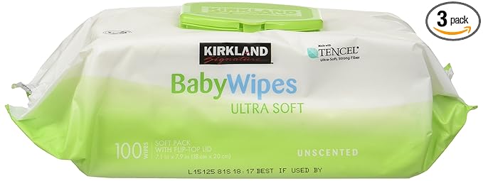 Baby Wipes Unscented Ultra Soft by Kirkland with Flip top Lid, 100 Count (Pack of 3)