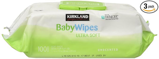 Baby Wipes Unscented Ultra Soft by Kirkland with Flip top Lid, 100 Count (Pack of 3)