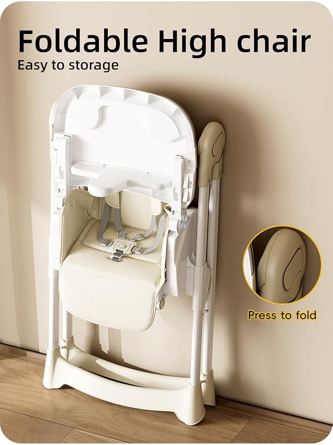 Babilous High Chair, Foldable High Chairs for Babies and Toddlers with Removable Tray, Height Adjustable Feeding Chair, Adjustable Backrest and Footrest, Beige