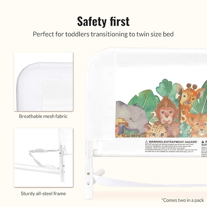 Dream On Me Lightweight Mesh Security Adjustable Bed Rail Double Pack with Breathable Mesh Fabric in Jungle Print, 2 Count (Pack of 1)