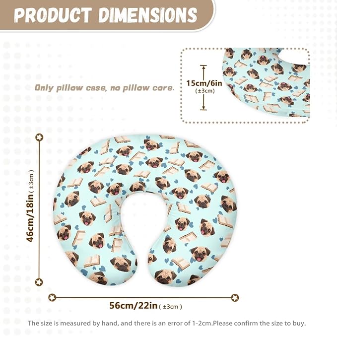 Jeiento Cute Pug Dog Nursing Pillow Covers Soft U-Shaped Breastfeeding Pillow Slipcovers for Newborn Baby Mom,Cartoon Puppy Love Heart Pillowcase Cover