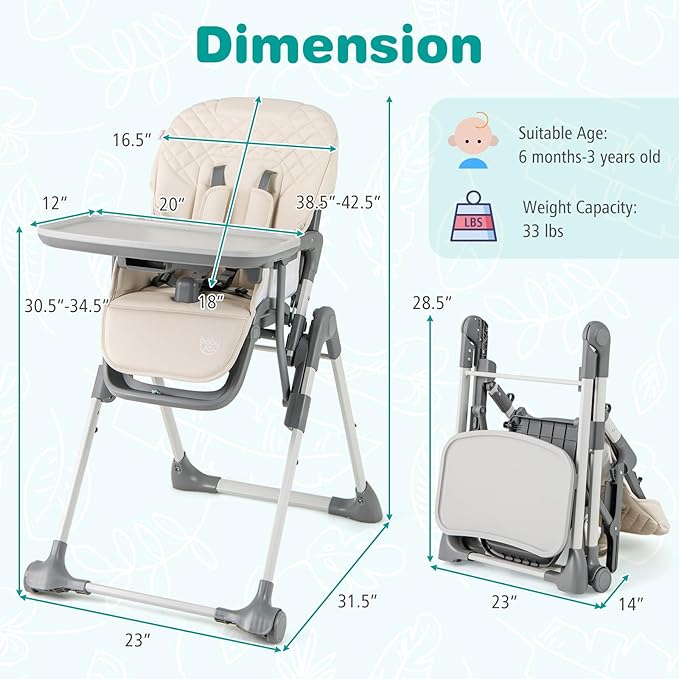 BABY JOY Foldable High Chair for Babies and Toddlers, Portable Adjustable Highchair with Footrest, Detachable Tray, Easy to Clean PU Seat Cushion, 5-Point Safety Belt and Built-in Wheels (Beige)