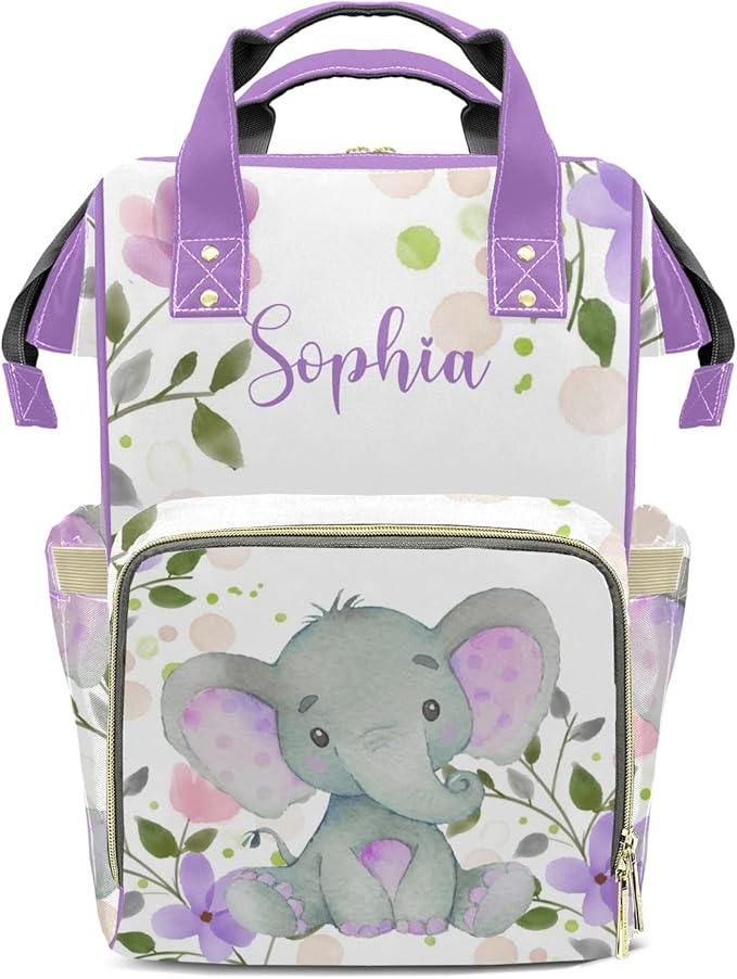 Purple Floral Elephant Cute Diaper Bag Baby Nappy Bag Daughter Multi-Function Custom Baby Bag Picnic Diaper Carrying Bag Unisex Gifts with Name