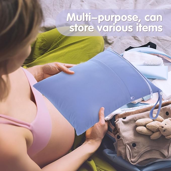 SATINIOR 4 Pack Wet Dry Bags for Baby Cloth Diapers 12x14 Washable Travel Swimsuit Wet Bags Reusable with Two Zippered Pockets for Yoga Gym Swimsuits Travel Beach Pool Soiled Items(Dreamy Colors)