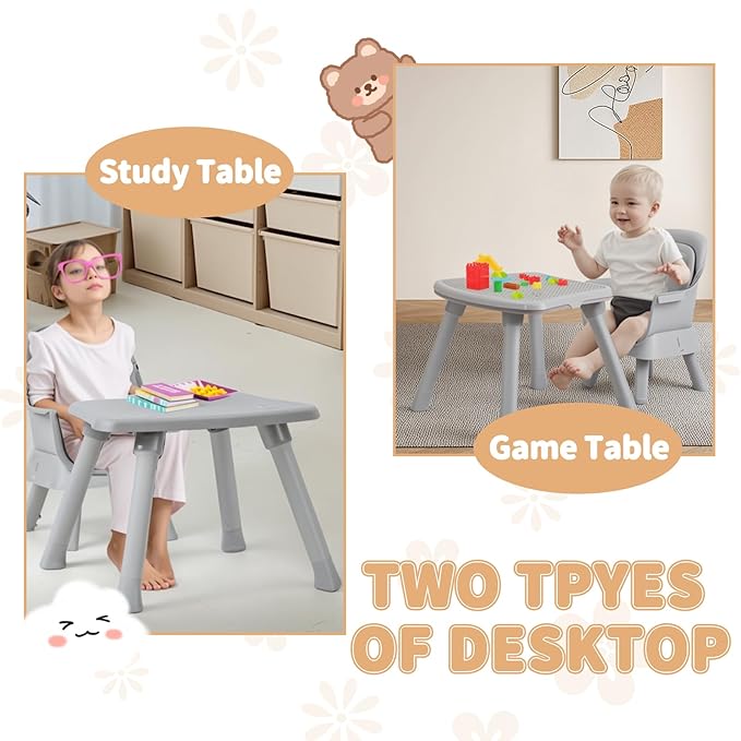 Kinder King Baby High Chair, 8 in 1 Coverts to Dining Booster Seat/Kids Table & Chair Set/Toddler Building Block Table/Kids Stool, Removable Tray & Double Seat Cover, Easy to Wipe, Grey