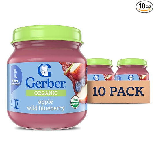 Gerber Stage 2 Baby Food, Organic Apple Wild Blueberry Jar, Fruit Puree, Vitamin C, Non-GMO, Baby Food Fruit, Puree Jars Glass, 10-pack