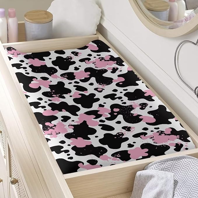 Cow Changing Table Cover for Baby Girls Diaper Changing Table Cover Soft Washable Stretchy Changing Mat Sheet Cover Black Pink