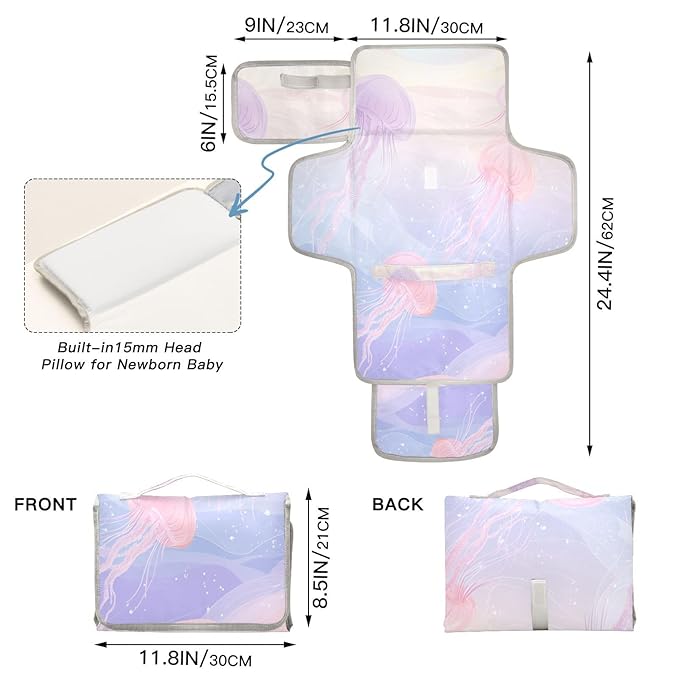 Portable Diaper Changing Pad Travel Baby Changing Mat Waterproof Diaper Changing Mat Foldable Lightweight Baby Changer with Built-in Pillow Cartoon Jellyfishes Bubbles Pastel Ocean Jellyfish