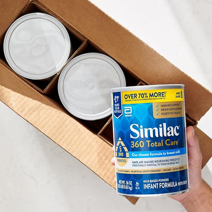 Similac 360 Total Care Infant Formula, Has 5 HMO Prebiotics, Our Closest Prebiotic Blend to Breast Milk, Non-GMO, Baby Formula Powder, 36-oz Value Can, Pack of 3