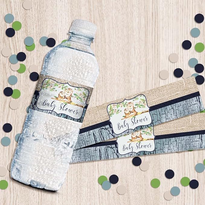 “Guess Whooo” Owl Baby Boy Shower Waterproof Water Bottle Sticker Wrappers 20 Wrap Around Labels Sized 1.75" x 8.5" by AmandaCreation