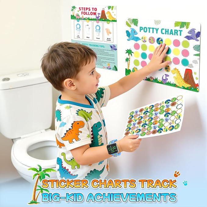 Potty Training Watch & Chart & Book for Toddler Boys: Water Resistant Potty Watches Dinosaur Potty Training Sticker Reward Chart for Kids 3 in 1 Toddler Toilet Training Tools Set (Blue)