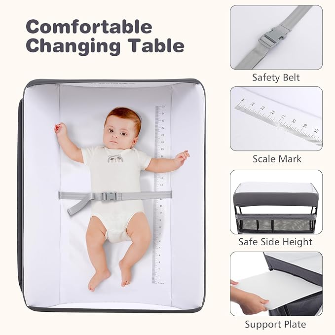 INFANS Baby Changing Table with Wheels, Portable Folding Diaper Station Nursery Organizer with Storage Basket, Hanging Rack, Adjustable Height, Safety Belt for Newborn Infant (Gray)