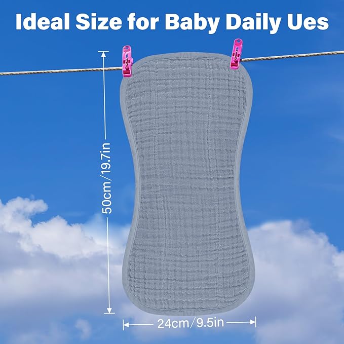 Muslin Baby Burp Washable Cloths Sets for Girl Boy Large, 8 Pack 100% Cotton Burp Clothes Absorbent Easy to Dry for Newborn Unisex 20 x 10 Inches(Grey)
