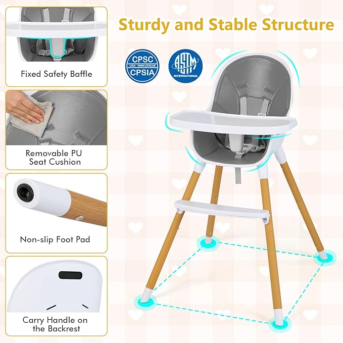 HONEY JOY High Chair, 3-in-1 Eat & Grow Highchair/Booster Seat/Toddler Chair w/Removable Tray, Safety Harness, Steel Legs, PU Cushion and Footrest for Baby, High Chair for Babies and Toddlers (Gray)