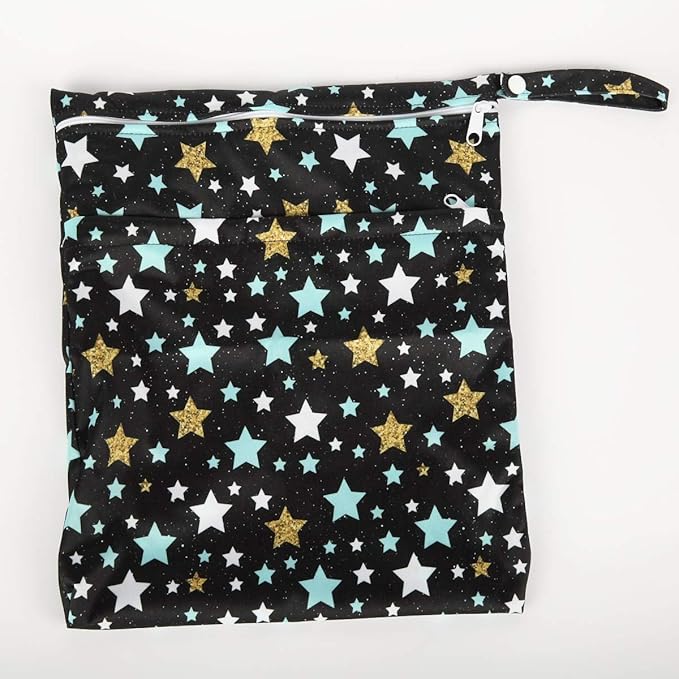 Wet Bag Baby Cloth Diaper Nappy Bag Reusable Washable With Two Zippered Pockets (Stars)
