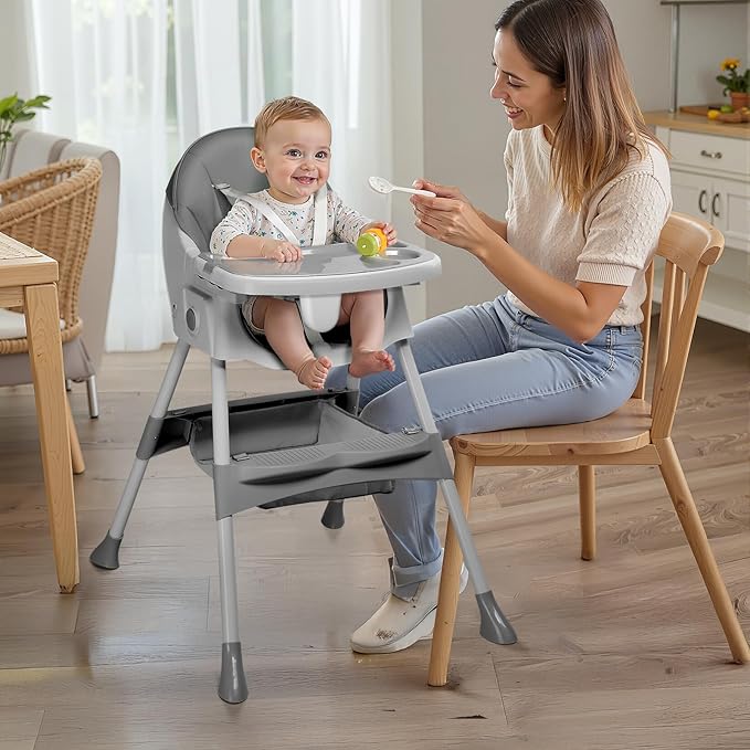 Ktaxon Baby High Chair, 6-in-1 Portable Feeding Rocking Seat with Adjustable Backrest, Removable Tray and 5-Point Safety Harness, Travel Folding Highchair for Toddlers & Babies, Grey